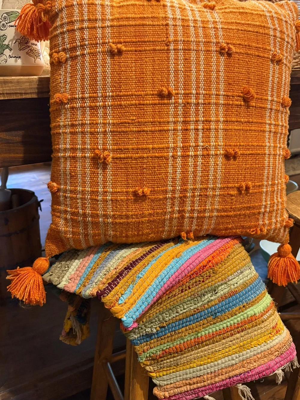 Handwoven Orange Tassel Throw Pillow
